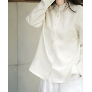 女休闲简约风亚麻长袖 正肩小立领衬衫 上衣 新中式 艾绘馆2026春季