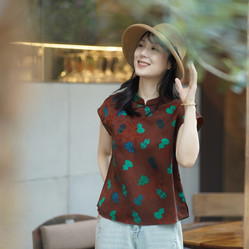 艾绘馆新中式真丝立领短袖T恤女