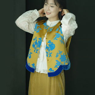 艾绘馆新中式 国风盘扣马夹坎肩 复古织锦缎马甲背心女秋冬季