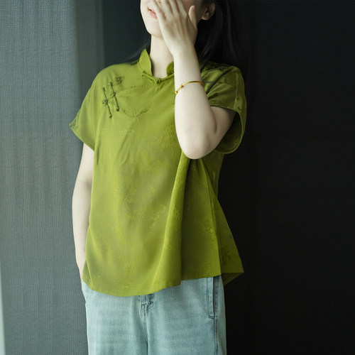 艾绘馆新中式人丝提花立领短袖女