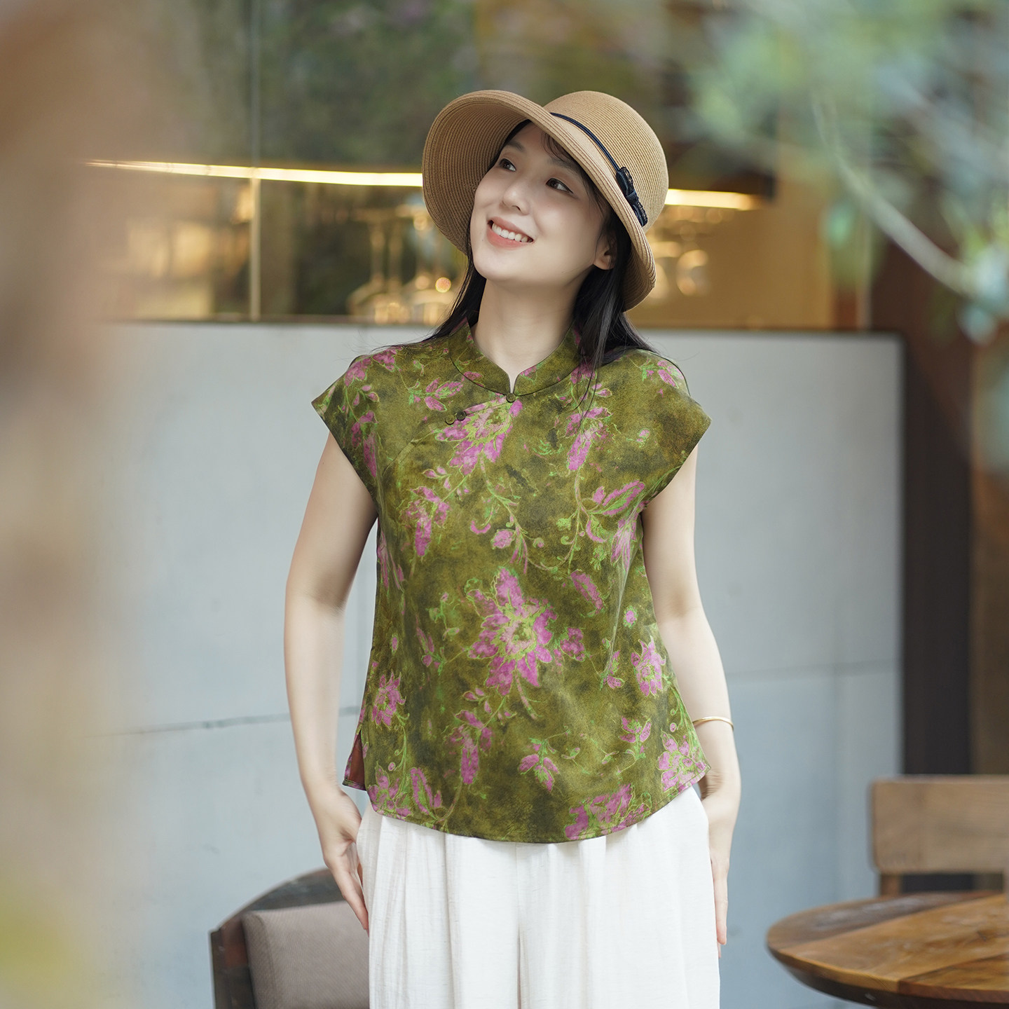 艾绘馆新中式立领花卉印花香云纱短袖上衣女休闲复古清新淡雅T恤