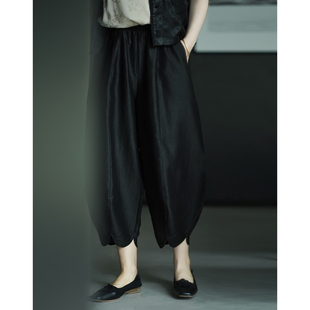 休闲宽松阔腿裤 女夏季 国风复古香云纱黑色花苞裤 艾绘馆新中式