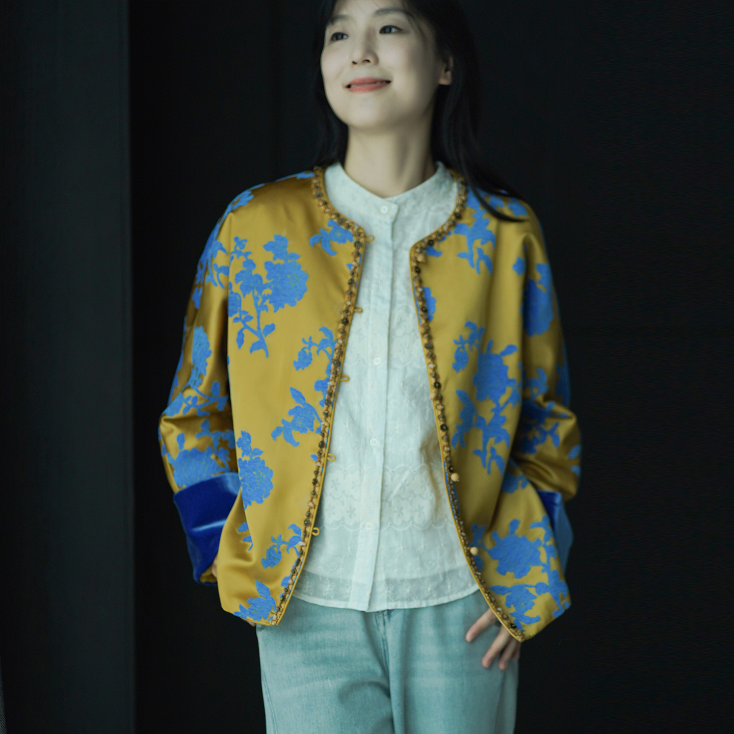 艾绘馆新中式重磅提花织锦缎外套