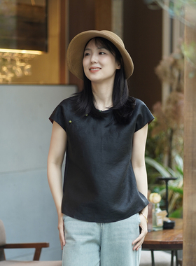 艾绘馆新中式复古真丝香云纱短袖上衣女夏季黑色休闲文艺复古小衫
