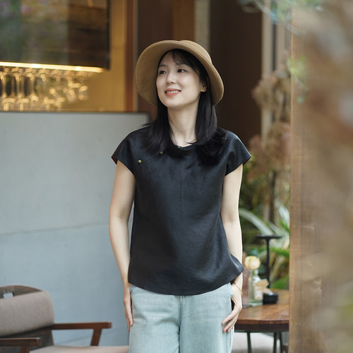 艾绘馆新中式真丝香云纱短袖女