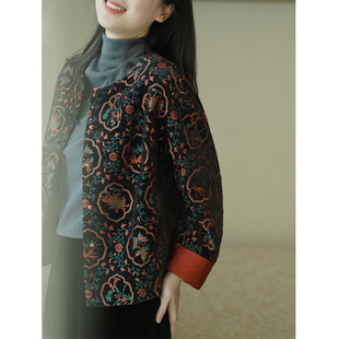 艾绘馆新中式 复古盘扣休闲上衣 国风黑红提花雪尼尔外套女秋冬季