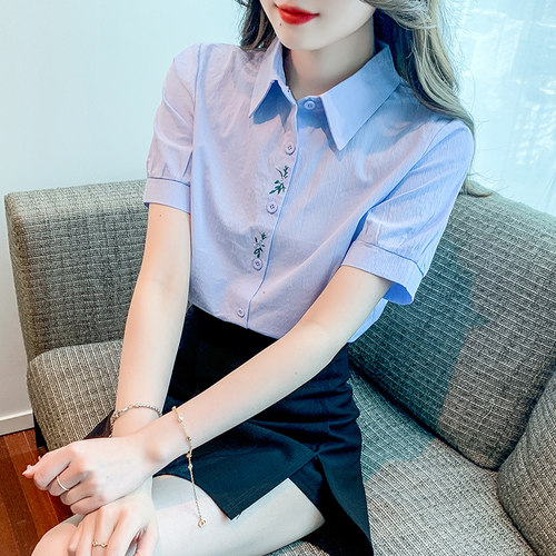 纯棉刺绣衬衫女夏季棉麻衬衣小衫