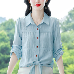 气质纯色棉麻衬衫女长袖2026秋季新款下摆打结系带设计感洋气上衣