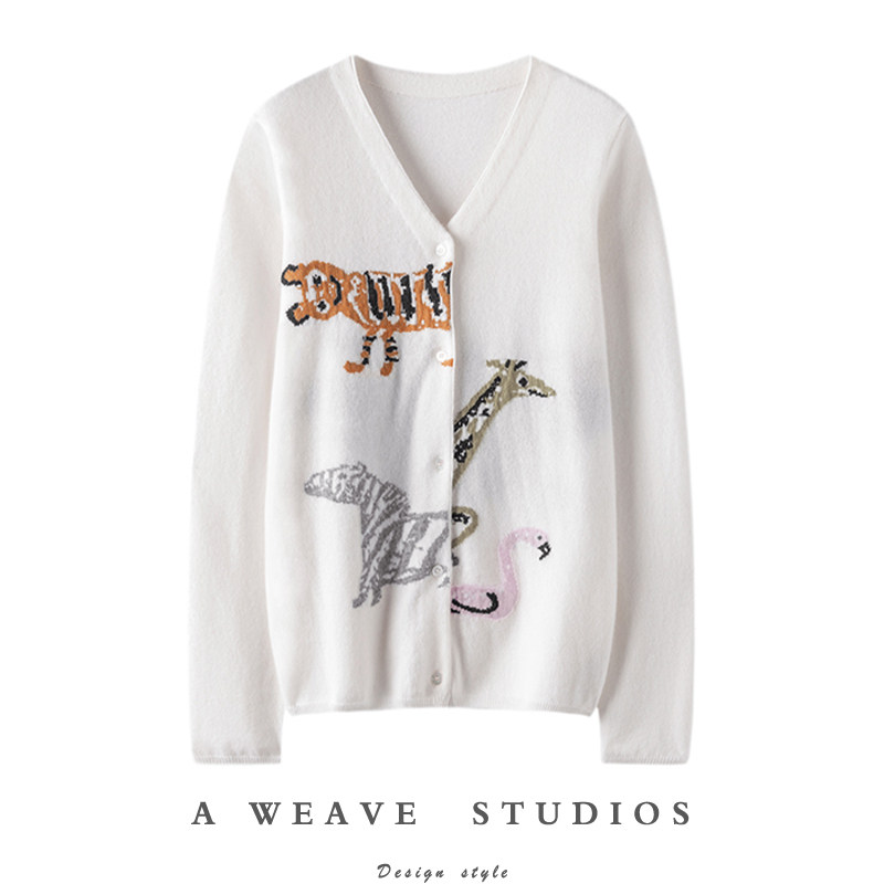 宝藏设计！动物提花V领山羊绒开衫女纯羊绒毛衣针织开衫外套秋冬,女装/女士精品,羊绒衫,淘宝优惠券,粉丝福利购,淘宝优惠卷