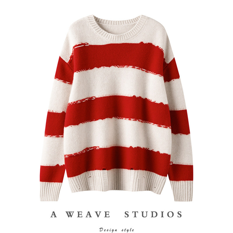 高颜值实力派！加厚拼色不规则破洞圆领羊绒衫女纯羊绒毛衣宽松冬,女装/女士精品,羊绒衫,淘宝优惠券,粉丝福利购,淘宝优惠卷