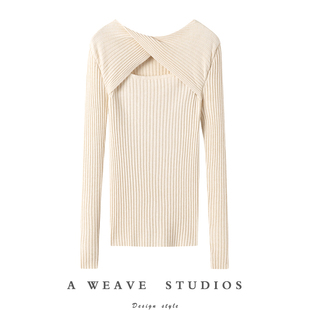 无形中显瘦 女新款 修身 显瘦打底上衣 小心机镂空100%山羊绒针织衫