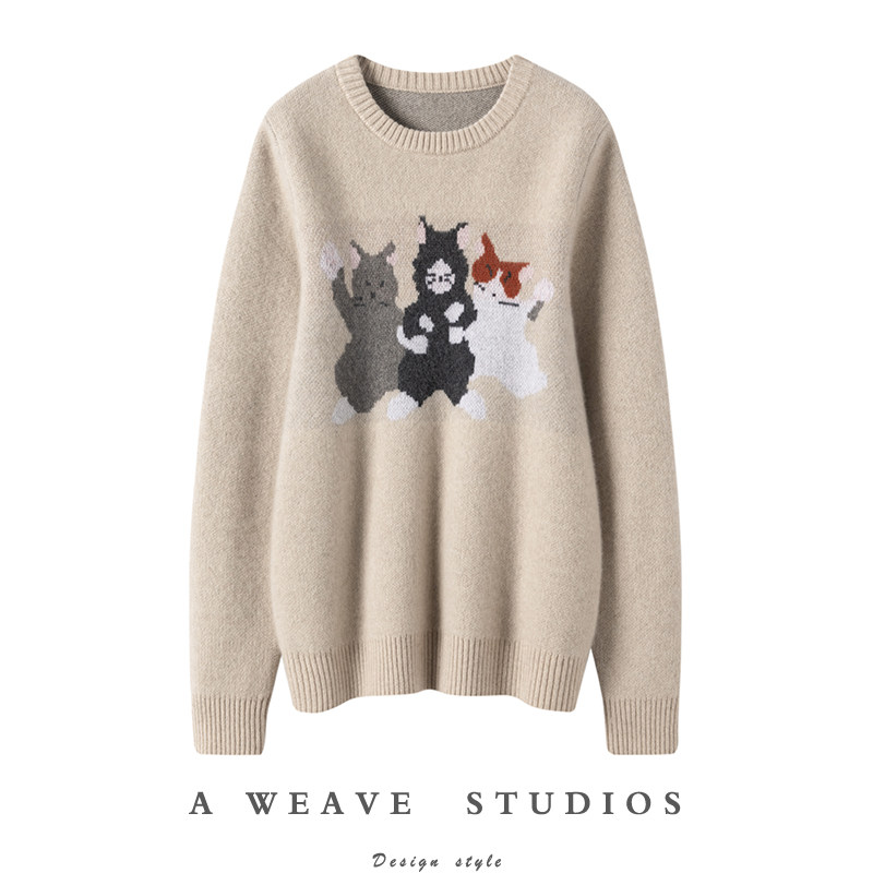 我与狸奴不出门~空气感纯山羊绒衫女萌趣三只喵套头毛衣圆领加厚,女装/女士精品,羊绒衫,淘宝优惠券,粉丝福利购,淘宝优惠卷