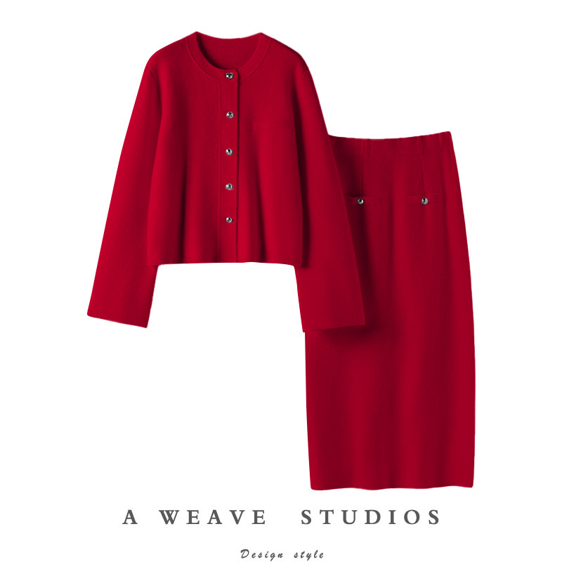 迫不及待想穿上！加厚100%纯山羊绒开衫女阔袖针织长款半身裙套装