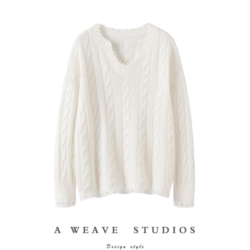 精致太好穿了~绞花V领毛边廓形100%纯山羊绒毛衣女2024新款,女装/女士精品,羊绒衫,淘宝优惠券,粉丝福利购,淘宝优惠卷