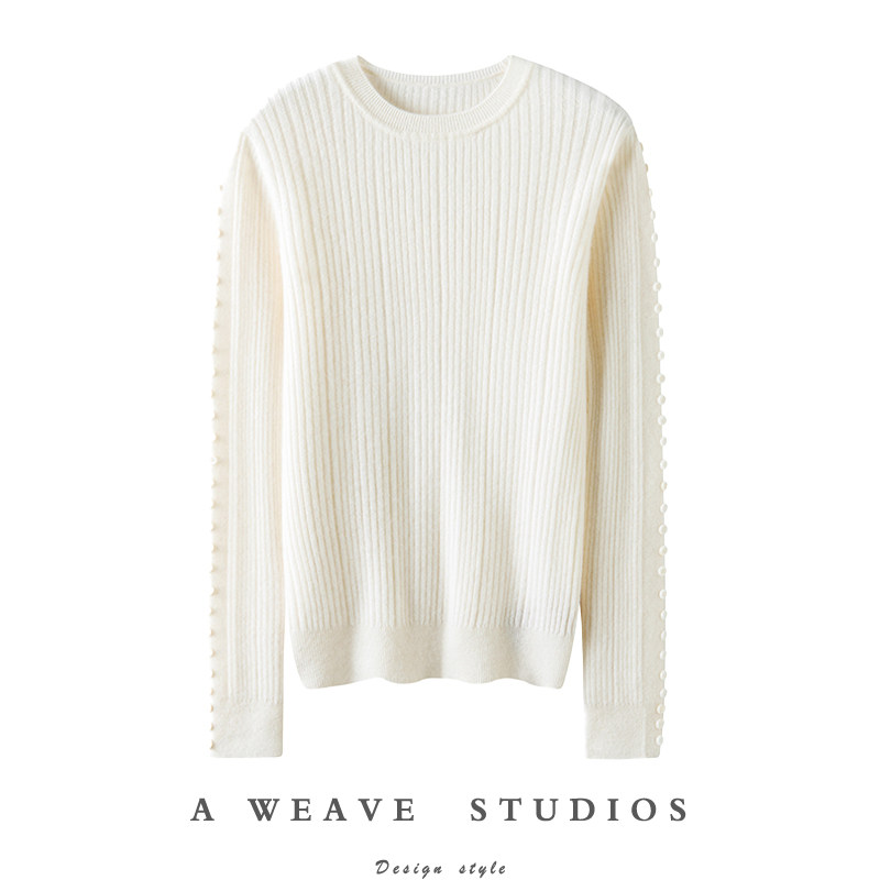 穿搭就靠它！袖子排扣圆领羊绒衫女坑条纯羊绒毛衣针织打底衫秋冬
