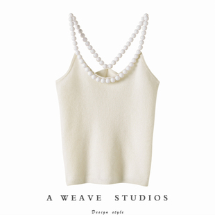 设计感少见好货 秋冬 大珠子羊绒吊带女纯羊绒毛衣背心针织打底衫