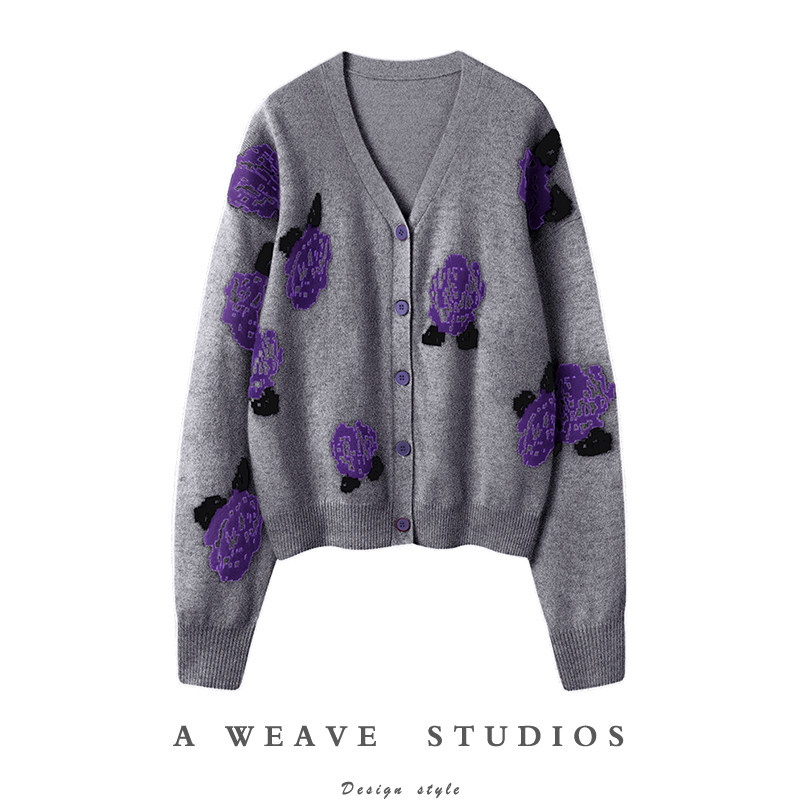 美絶美呆~2024春新款紫色玫瑰花v领廓形羊绒开衫女纯羊绒毛衣外套,女装/女士精品,羊绒衫,淘宝优惠券,粉丝福利购,淘宝优惠卷