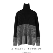 Jue美 高领羊绒衫 女加厚坑条拼色宽松翻领秋冬纯山羊绒针织毛衣