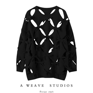 羊绒针织衫 镂空羊绒毛衣女蝴蝶结时尚 100%纯羊绒衫 气质爆棚耐看