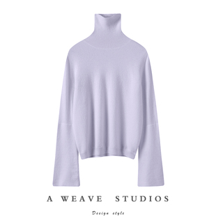 姐们冲啊~灰紫色双层大廓袖高领羊绒衫女纯羊绒毛衣套头2024新春