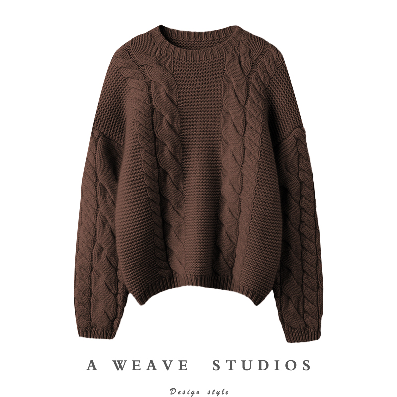 上身真的好看！重磅加厚粗棒针羊绒衫女圆领纯羊绒毛衣宽松