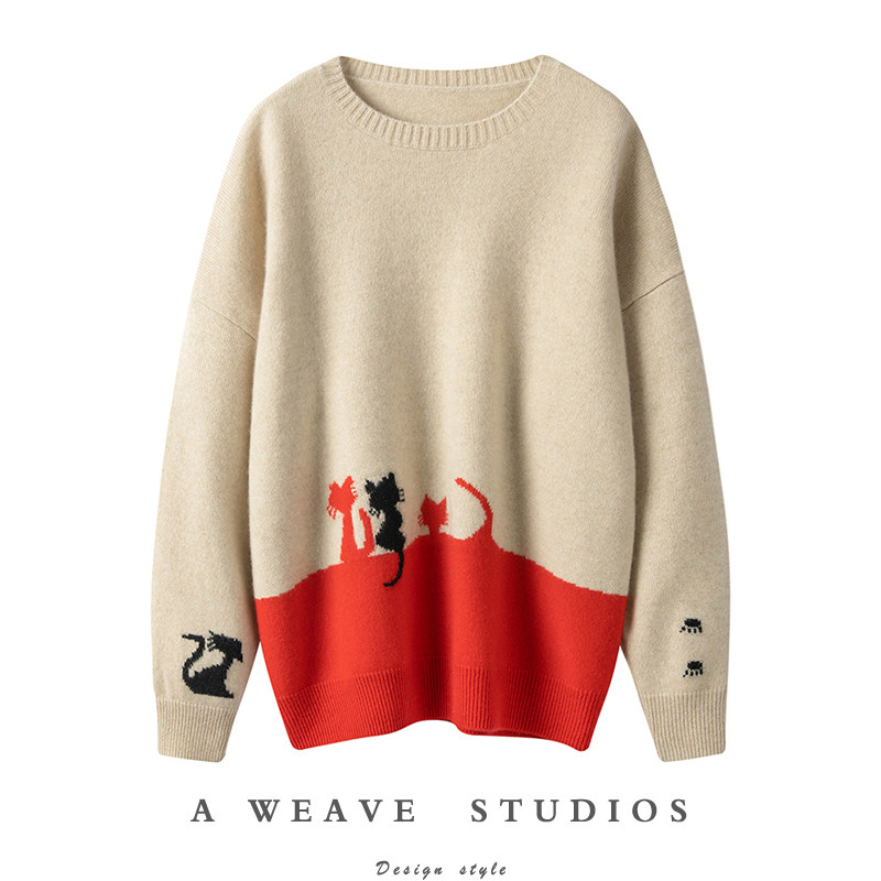 暖柔暖柔的~猫咪提花加厚羊绒衫女圆领纯羊绒毛衣秋冬宽松慵懒风,女装/女士精品,羊绒衫,淘宝优惠券,粉丝福利购,淘宝优惠卷