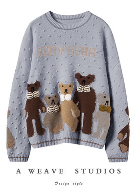 上身过目难忘~纯山羊绒衫女重工字母小熊圆领宽松羊绒针织毛衣