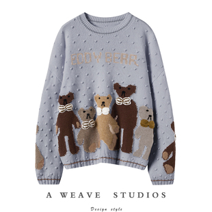 上身过目难忘~纯山羊绒衫女重工字母小熊圆领宽松羊绒针织毛衣