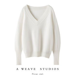 复古美学！一字大V领山羊绒衫女套头纯羊绒毛衣针织衫宽松加厚