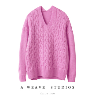 如此时髦！时髦妞入~小V领羊绒衫女重磅加厚绞花羊绒毛衣女