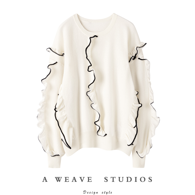 波浪纹木耳边~100%纯山羊绒衫女2024秋冬新款针织毛衣斜下摆宽松,女装/女士精品,羊绒衫,淘宝优惠券,粉丝福利购,淘宝优惠卷