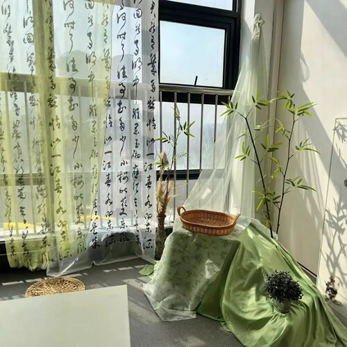 幼儿园春季开学环创绿色布料植物角新中式古风材料书法纱幔挂桌布