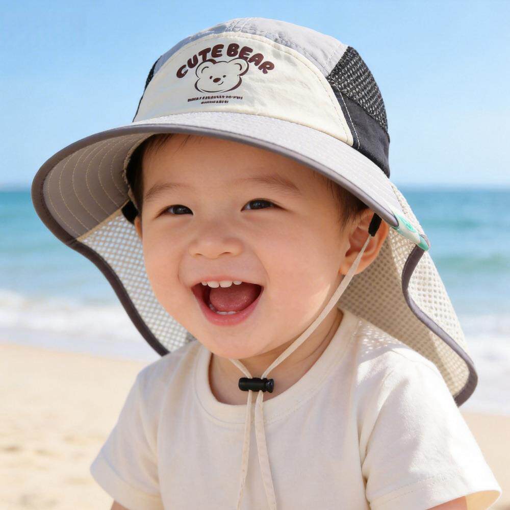 夏季婴幼儿小熊披肩渔夫帽 薄款透气男女宝宝防晒遮阳儿童帽