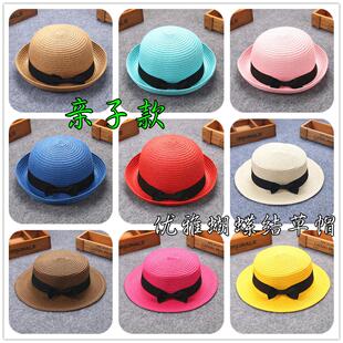 韩版春夏季儿童潮遮阳帽子蝴蝶结卷边草帽圆顶沙滩防晒小礼帽