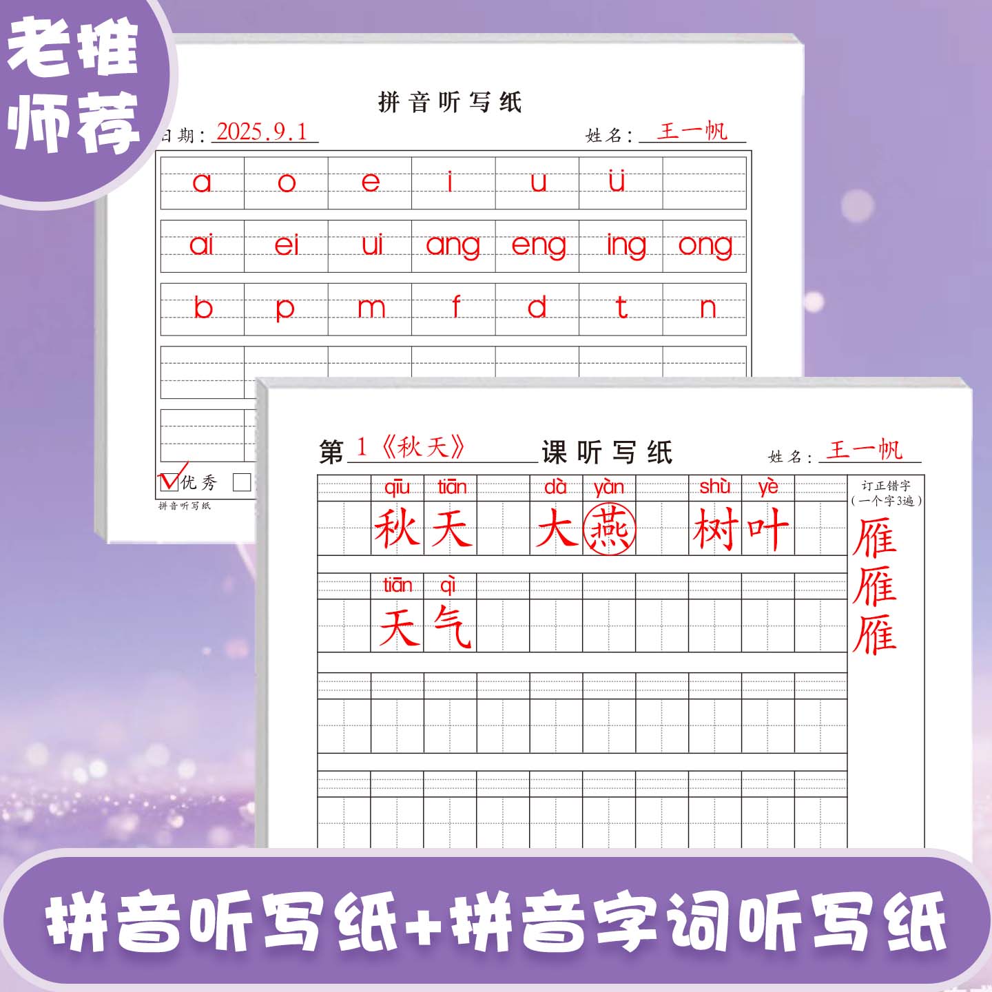 课文字词句听写纸1至6年级通用课文字词句订正错字作业纸田字格拼音默写纸背诵纸天天练复习养成学习好习惯