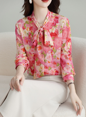 2025秋优雅气质重磅真丝衬衫女长袖粉红色洋气印花飘带桑蚕丝上衣