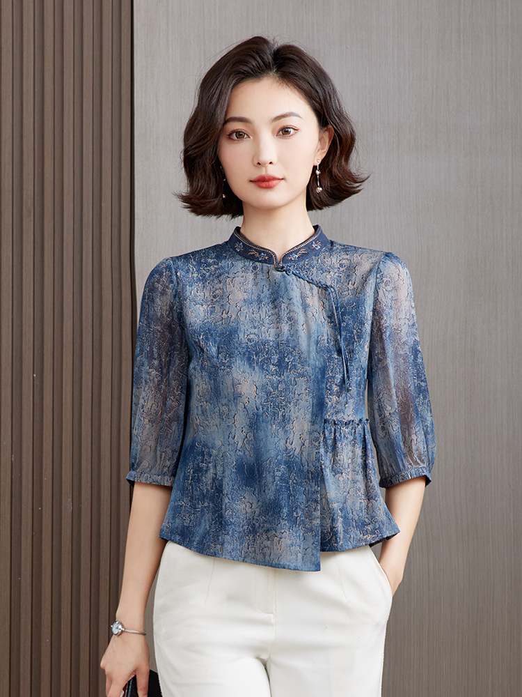 修身套头中袖桑蚕丝衬衣女妈妈装