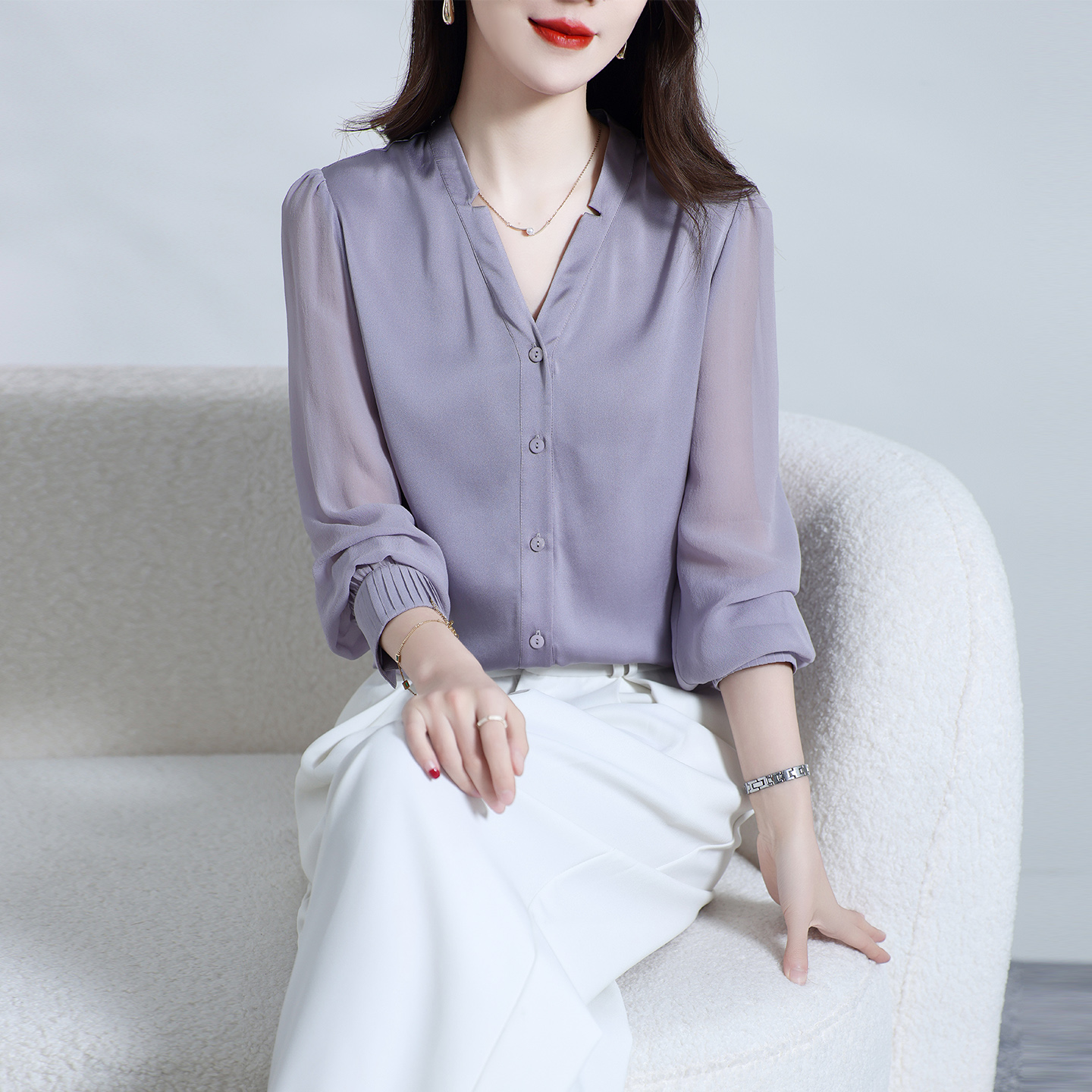 法式V领重磅真丝衬衫女长袖