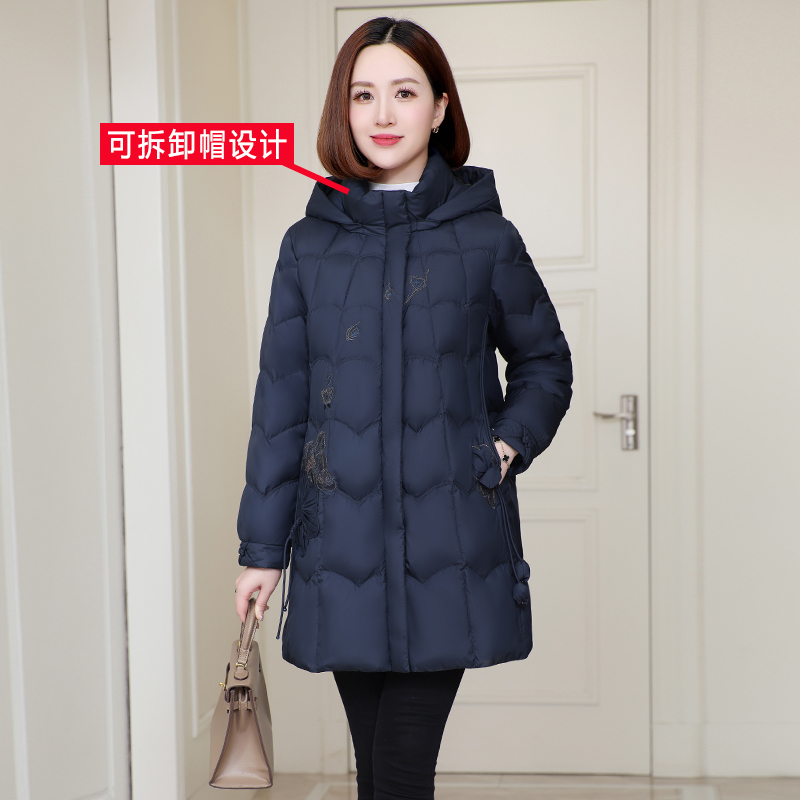 中长款连帽绣花妈妈装羽绒服女