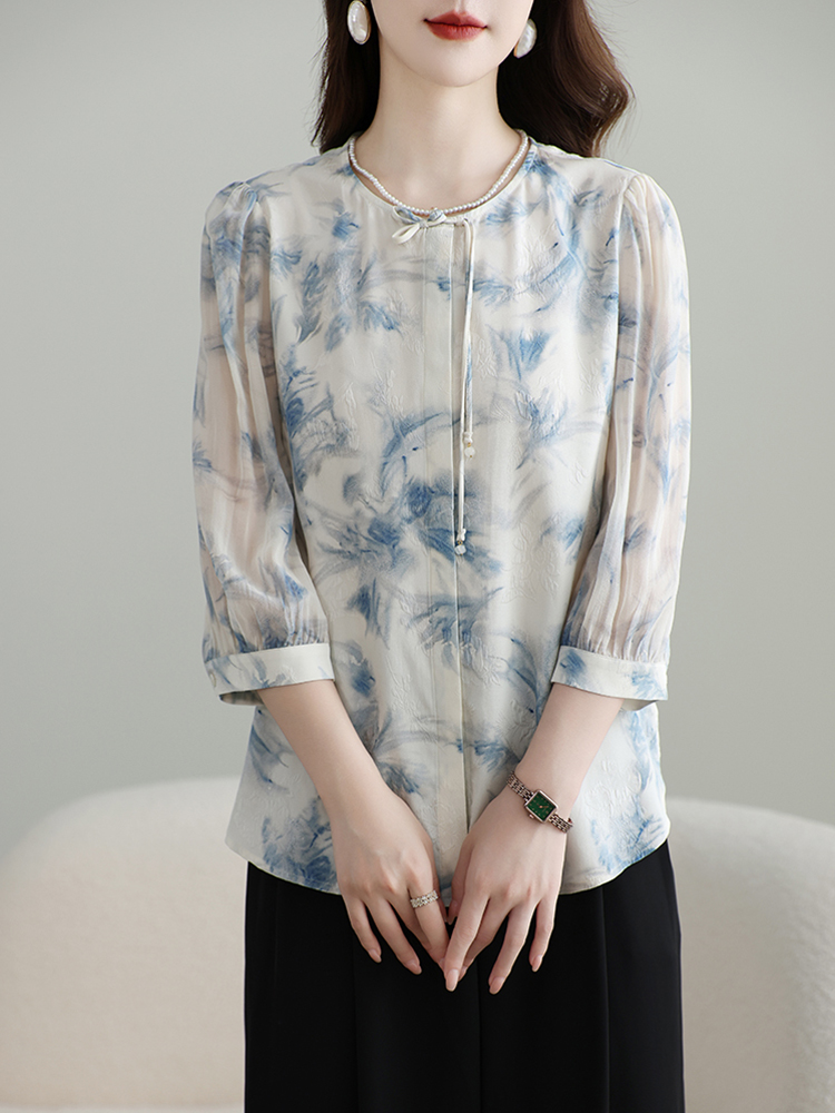 七分袖复古印花真丝衬衫女长袖