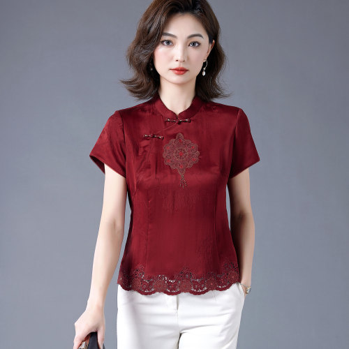红色喜婆婆香云纱真丝上衣女短袖
