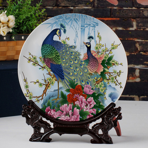 景德镇装饰盘摆件孔雀招财工艺品