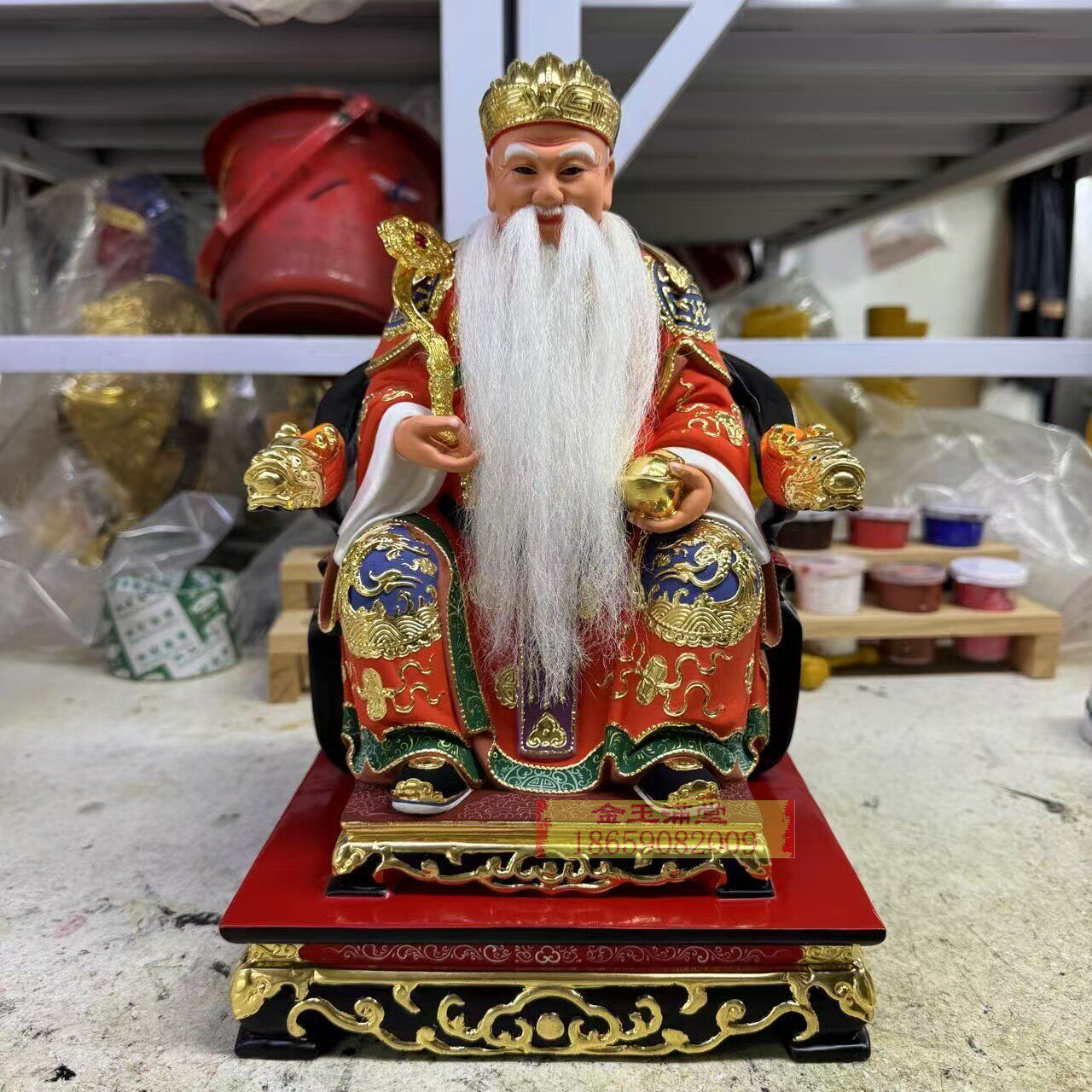 一尺连坐土地爷土地公12寸连座神像樟木雕刻玄关居家供奉福德正神