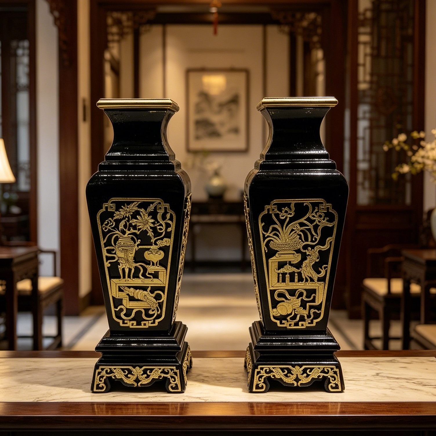 花瓶雕刻玄关摆件宴王花瓢居家供奉香案摆设五供实木黑色安金花插