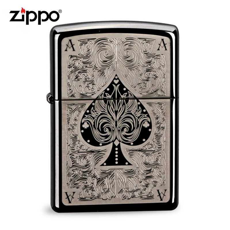 ZIPPO打火机官方正品 防风芝宝黑冰雕刻暗花幺点黑桃A送男士礼物