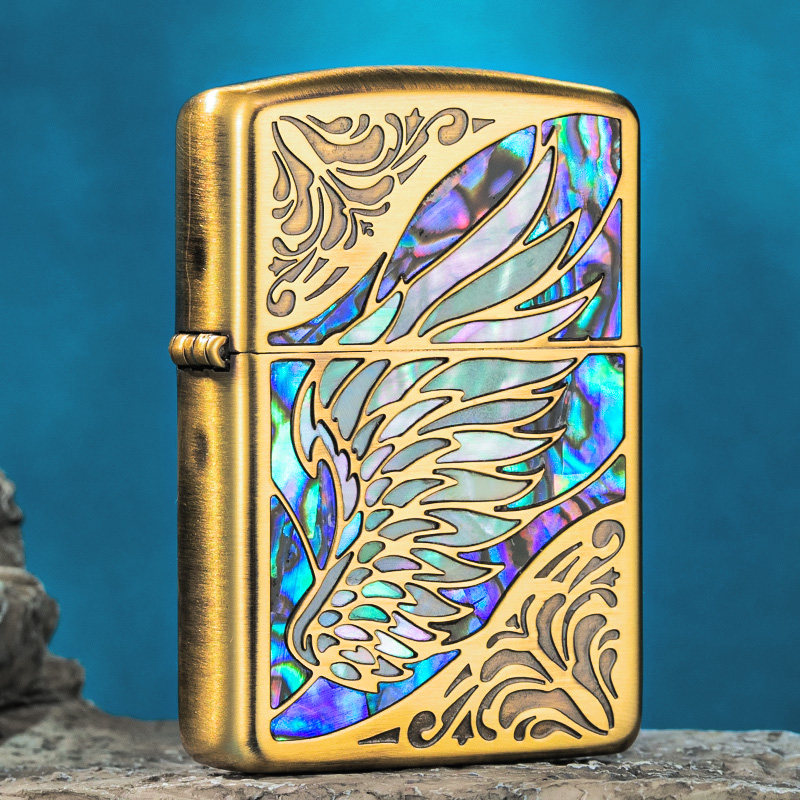 煤油打火机zippo正版 防风芝宝贴章镶嵌贝壳天使之翼送男士礼物
