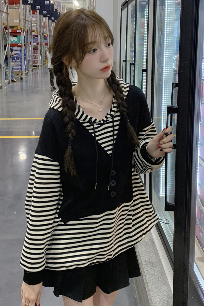 ()连帽条纹拼接卫衣2C373-D0910-P105K158,女装卫衣/绒衫,2C373