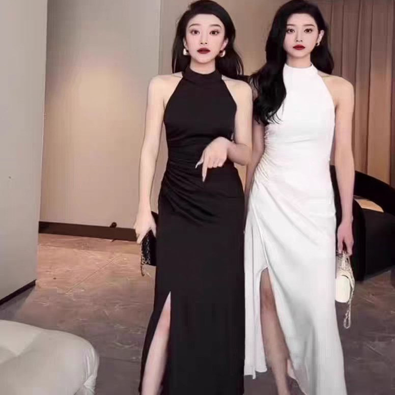 法式高级感挂脖收腰开叉连衣裙