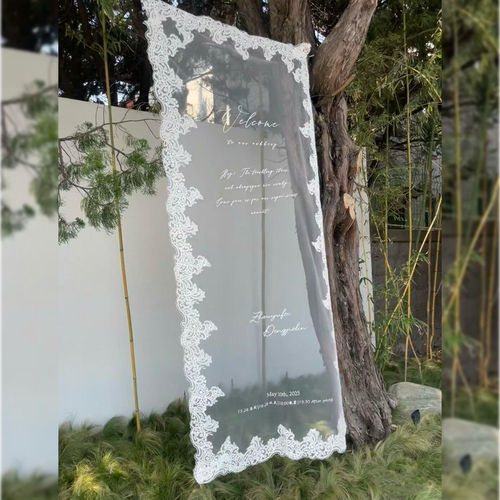 婚礼透明纱挂布蕾丝花边迎宾牌甜品台户外草坪拍照背景布装饰