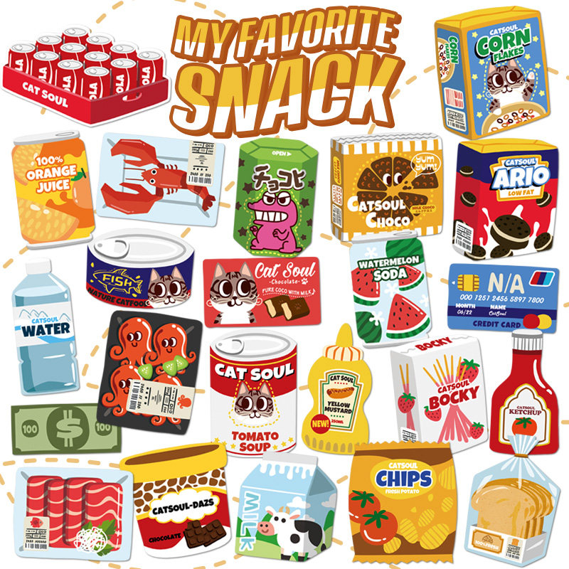 原创可爱卡通猫咪零食系列ins行李箱贴纸水杯贴防水贴画箱贴 24枚